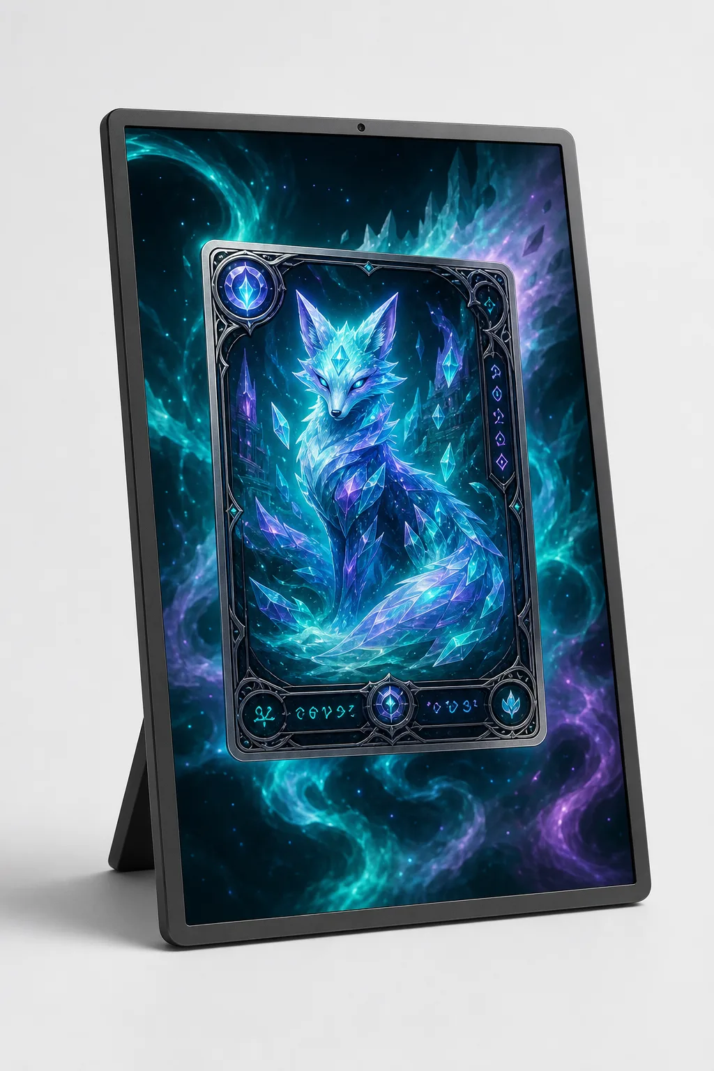 CardFrame at a three-quarter angle with card art extending across the whole screen