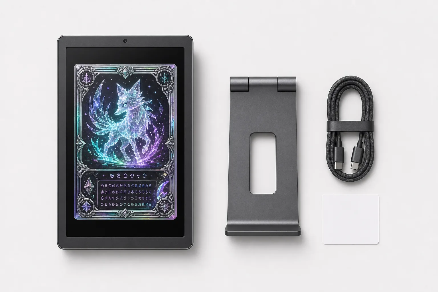 Flat-lay of the planned CardFrame box contents: frame, stand, cable and quick-start card