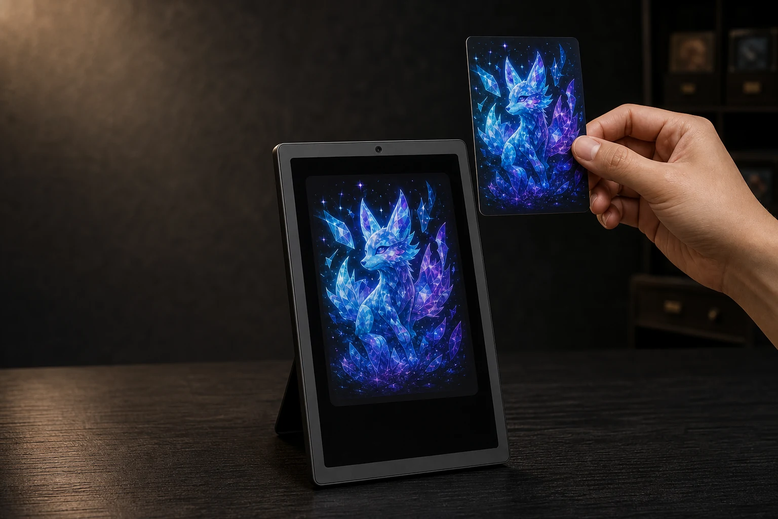 A hand holds a crystalline fox trading card in front of the camera on a graphite CardFrame