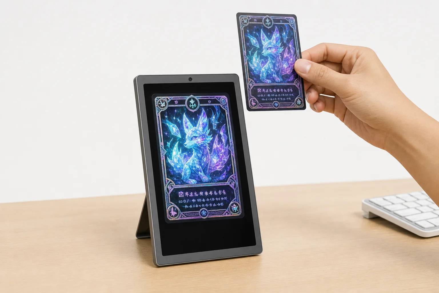 CardFrame on a desk while a hand holds a trading card up to its camera