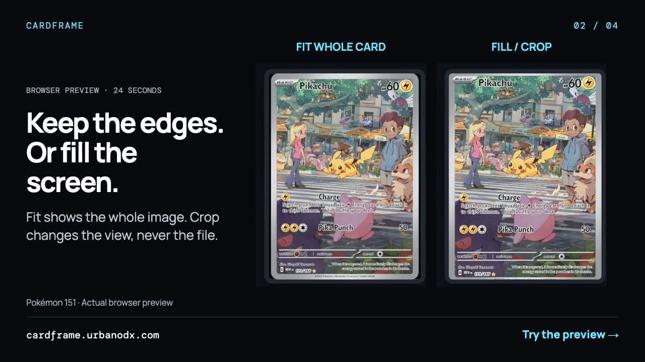 Browser preview walkthrough: choose artwork, compare fit and crop, open a display, then follow CardFrame updates