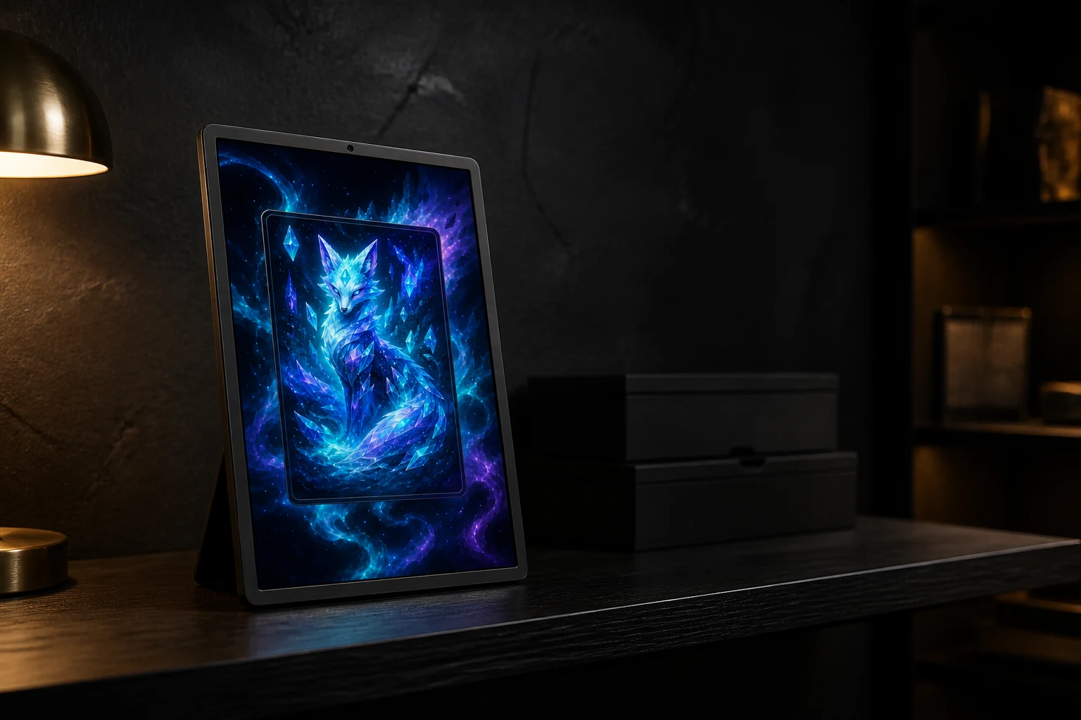 CardFrame glowing on a blackened-oak shelf in a collector's study