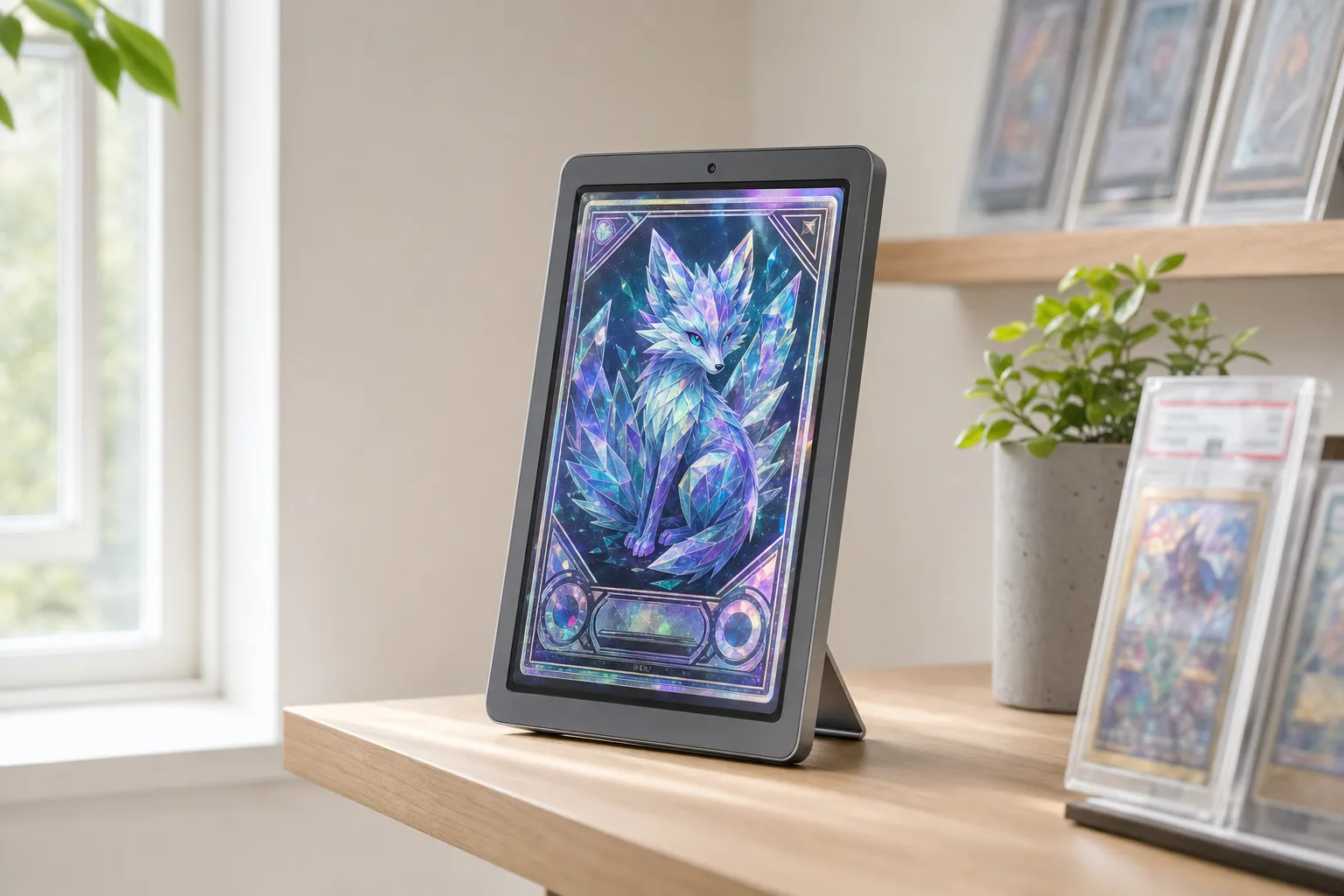 CardFrame on a collector's shelf showing a card in full-art showcase mode