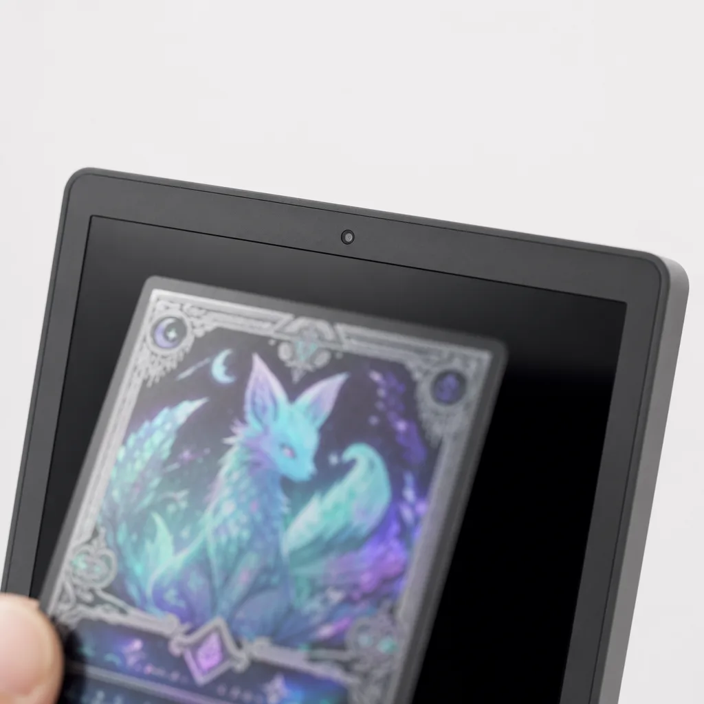 Close-up of the CardFrame top bezel camera with a card held in front of it