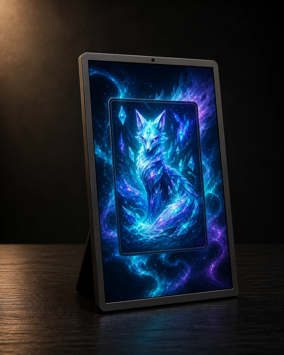 Graphite CardFrame at a low angle showing full-art crystalline fox artwork